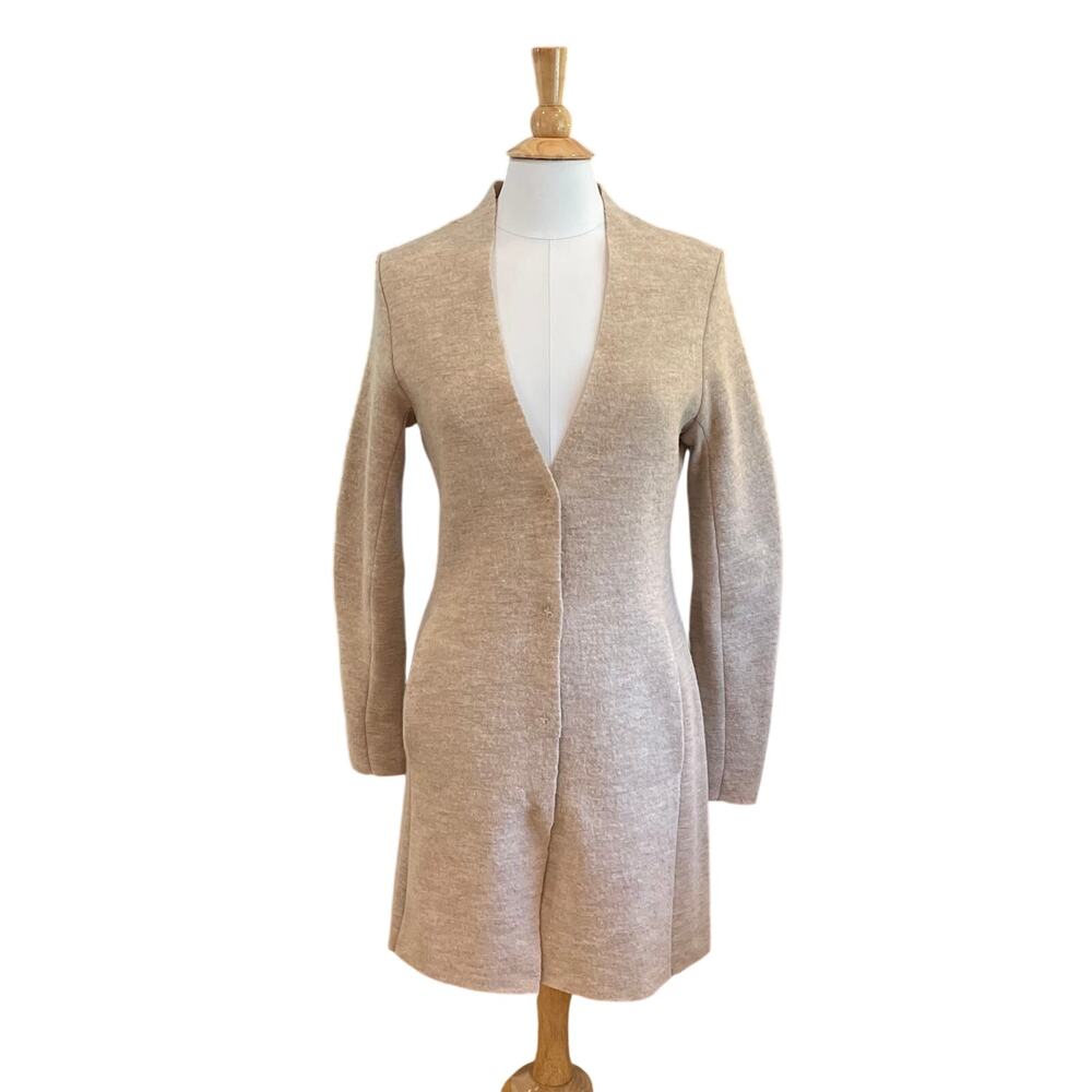 J. McLaughlin Tan Long Cardigan Sweater Coat, Duster, 100% Wool, Minimalist, S
